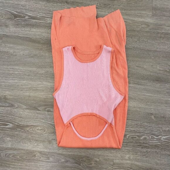 Medium Peach Pink Ribbed Knit Open Belly Dress Slim Fit Midi Summer Dress - Picture 6 of 9